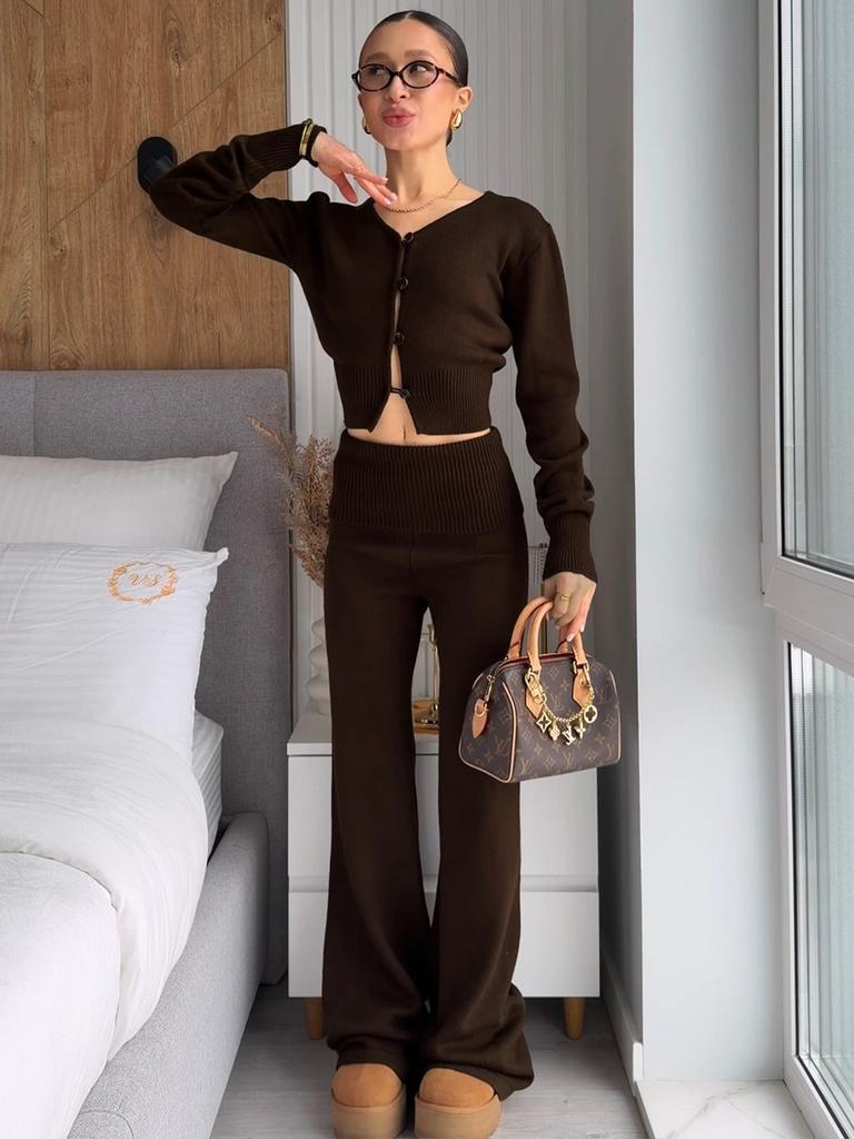 2026 Fall Winter Women's Knit Two Piece Set Cropped Cardigan High Waist Wide Leg Pants Casual Outfit