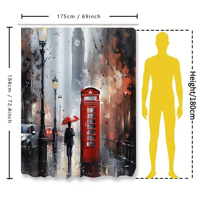 

Waterproof London Street Art Shower Curtain Red Phone Booth Umbrella Design Modern Minimalist Bathroom Decor Easy Clean W60H190(CM)-1 Pcs