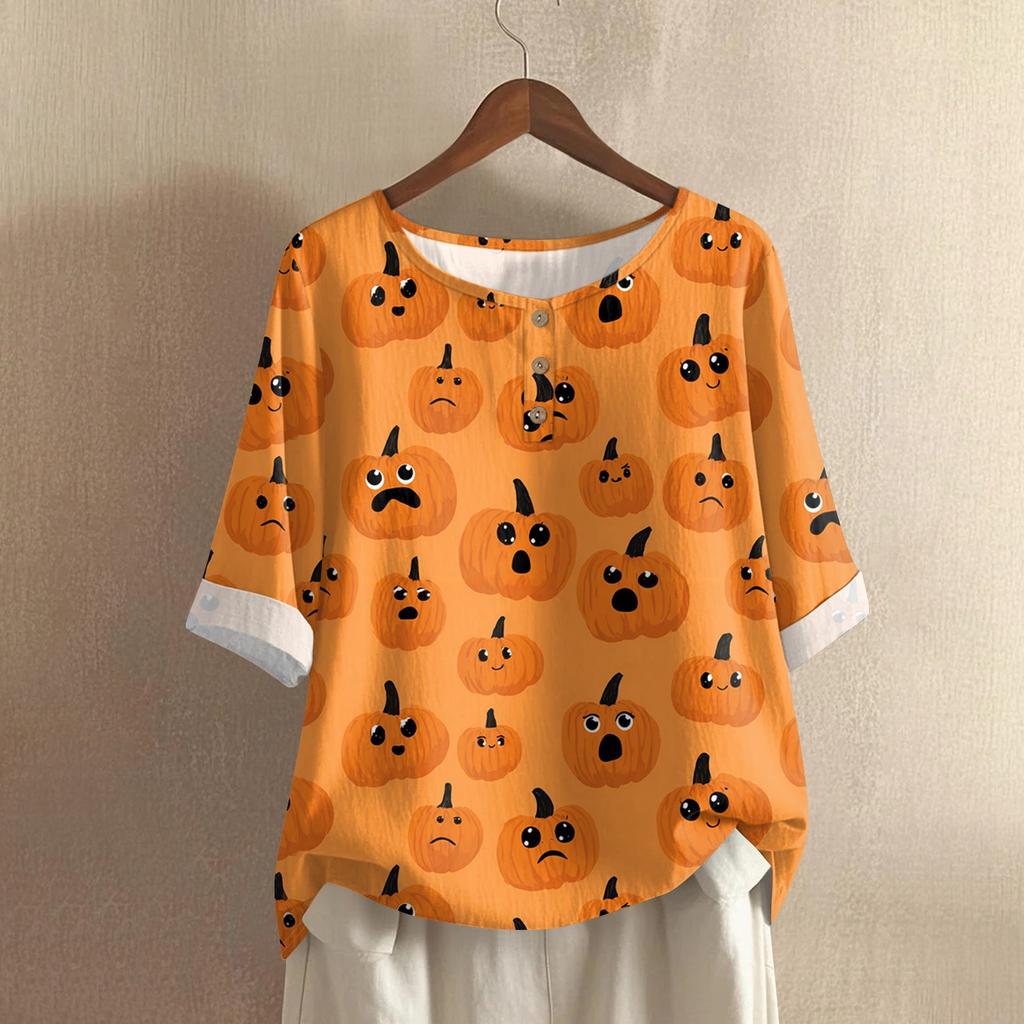 Women's Casual Mid Sleeved Round Neck Halloween Printed Cotton And Linen Top