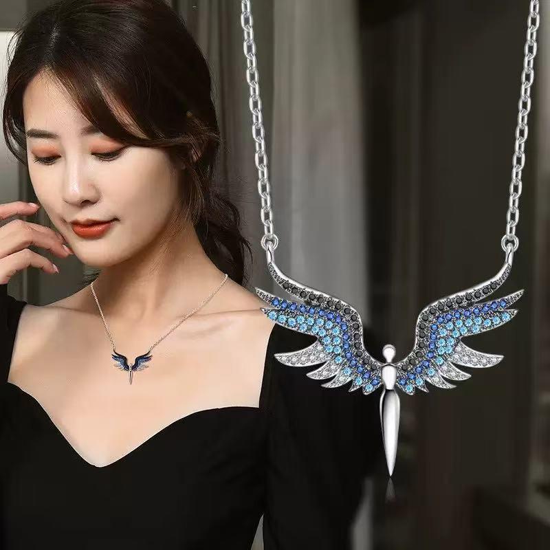 Gradient Diamond Feather Sword Pendant Necklace with Angel Wings Design