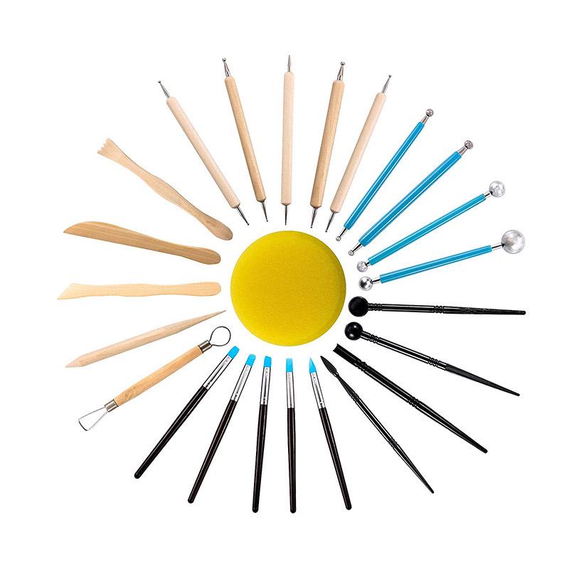 24-Piece Polymer Clay Tool Set: Includes Spherical, Round Sticks, Wooden Carving, and Flower Knives for Model Pottery Crafting.