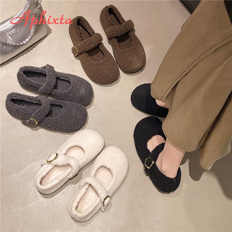 Fashion Aphixta Flat with Furry Shoes for Woman Soft Short Plush Buckle Women's Loafers Korean Style Ladies Shoe Luxury Brand Shoes