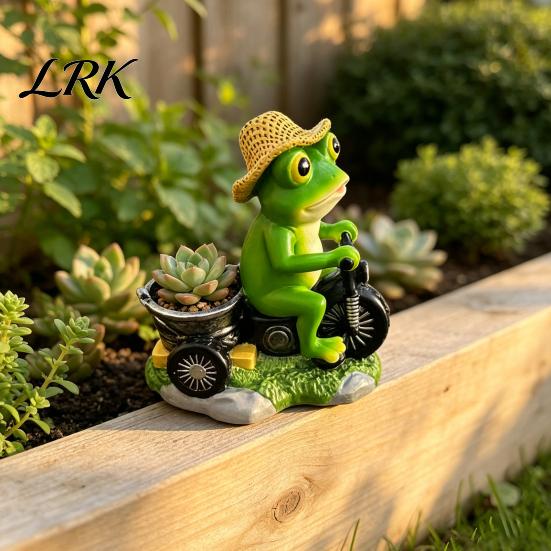 Garden Accessories for Plant Pots Cycling Frog Figurine, Creative Flowerpot, Resin Statue, Weather Resistant Charming Tabletop Decor Succulents