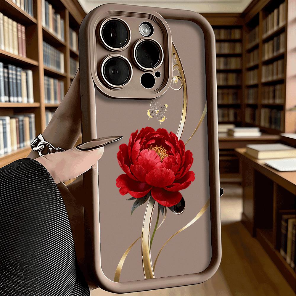 Red Peony Golden Swirls Luxury Anti-Slip TPU Phone Case For Xiaomi Redmi Note 15 14 13 12 11 10 9 Pro Full Protective Cover