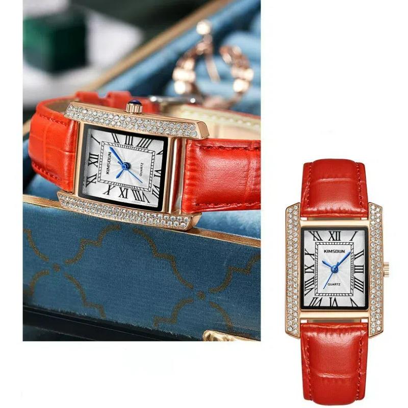 KIMSDUN Fashion Elegant Design Rectangle Dial Water Resistant Leather Quartz Movement Business Gift Women Analog Wrist Watch