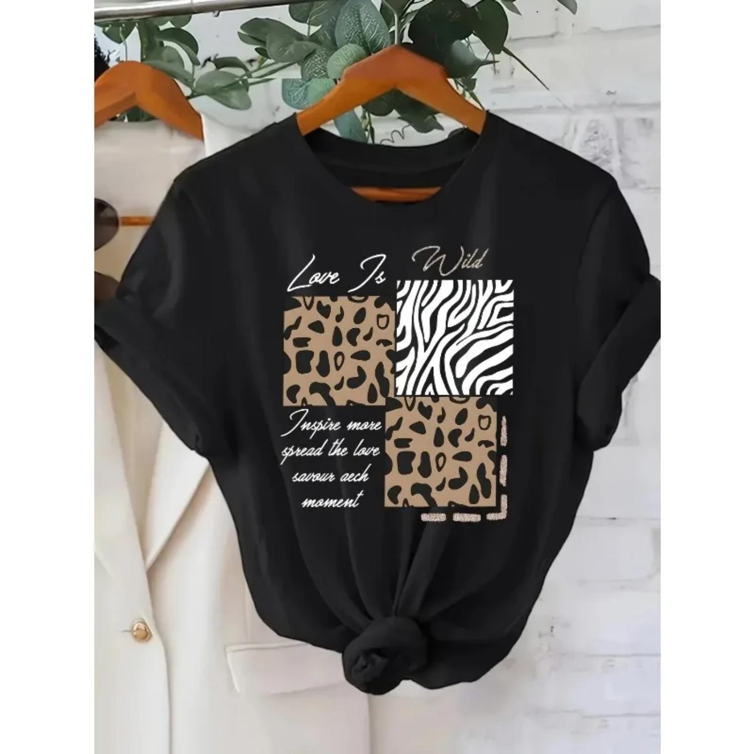 

s Leopard Print Zebra Print Round Neck Loose T-shirt Plus Size Comfortable Casual Black Short Sleeved Top S