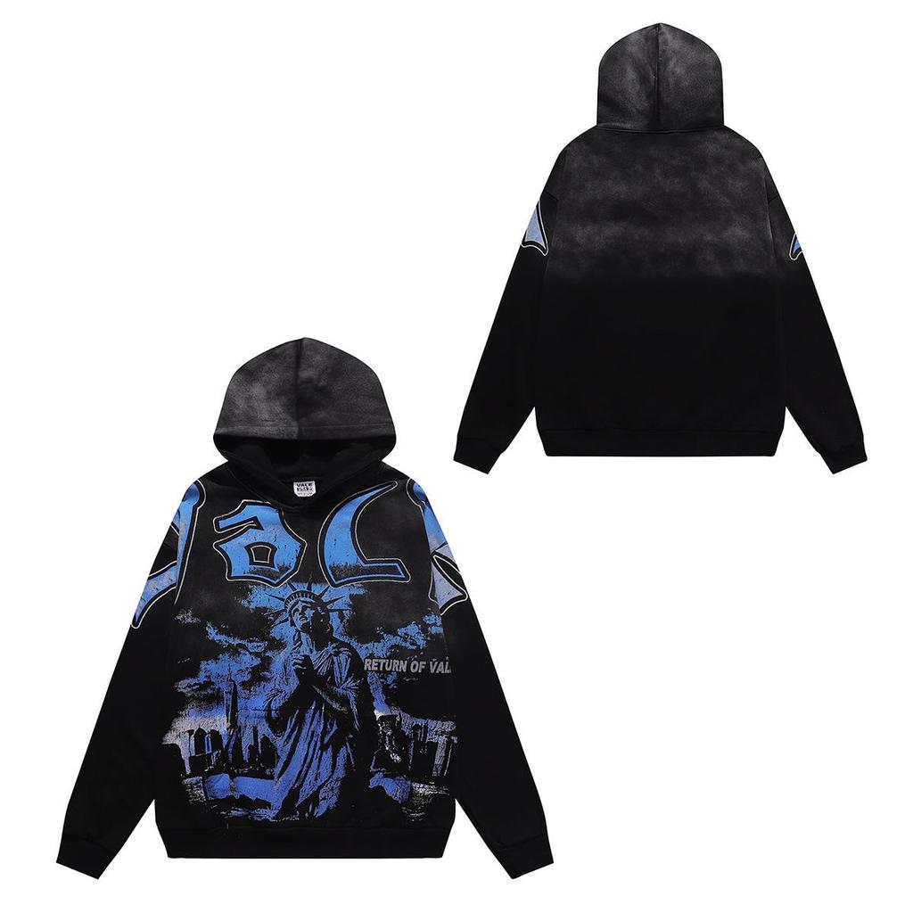 Unisex Retro Print Distressed Zipper Hoodie - Loose Fit, High Street American Style