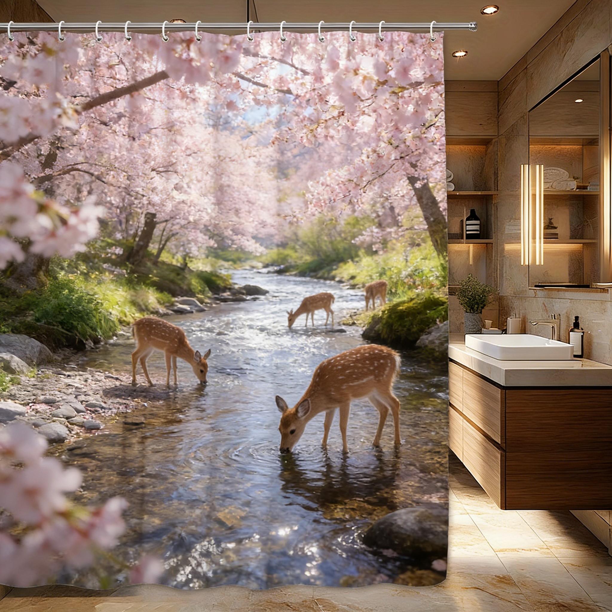 

Cherry Blossom Stream With Mandarin Ducks Waterproof Shower Curtain For Bathroom Decor W60H190(CM)-1 Pcs