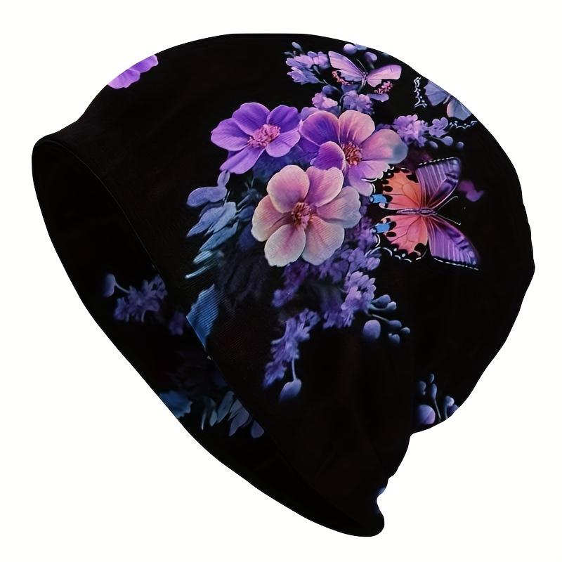 A Men'S Street Style Knitted Hat Featuring a Vibrant Pink And Purple Butterfly Floral Pattern, Made from Durable Knitted Fabric, Offering a Comfortabl