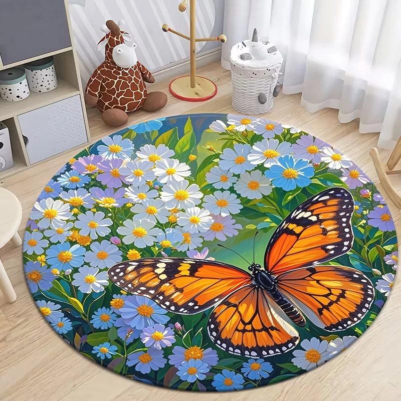 Dense Floral Butterfly Round Soft Non-Slip Art Rug Bohemian Living Room Minimalist Decor Rug