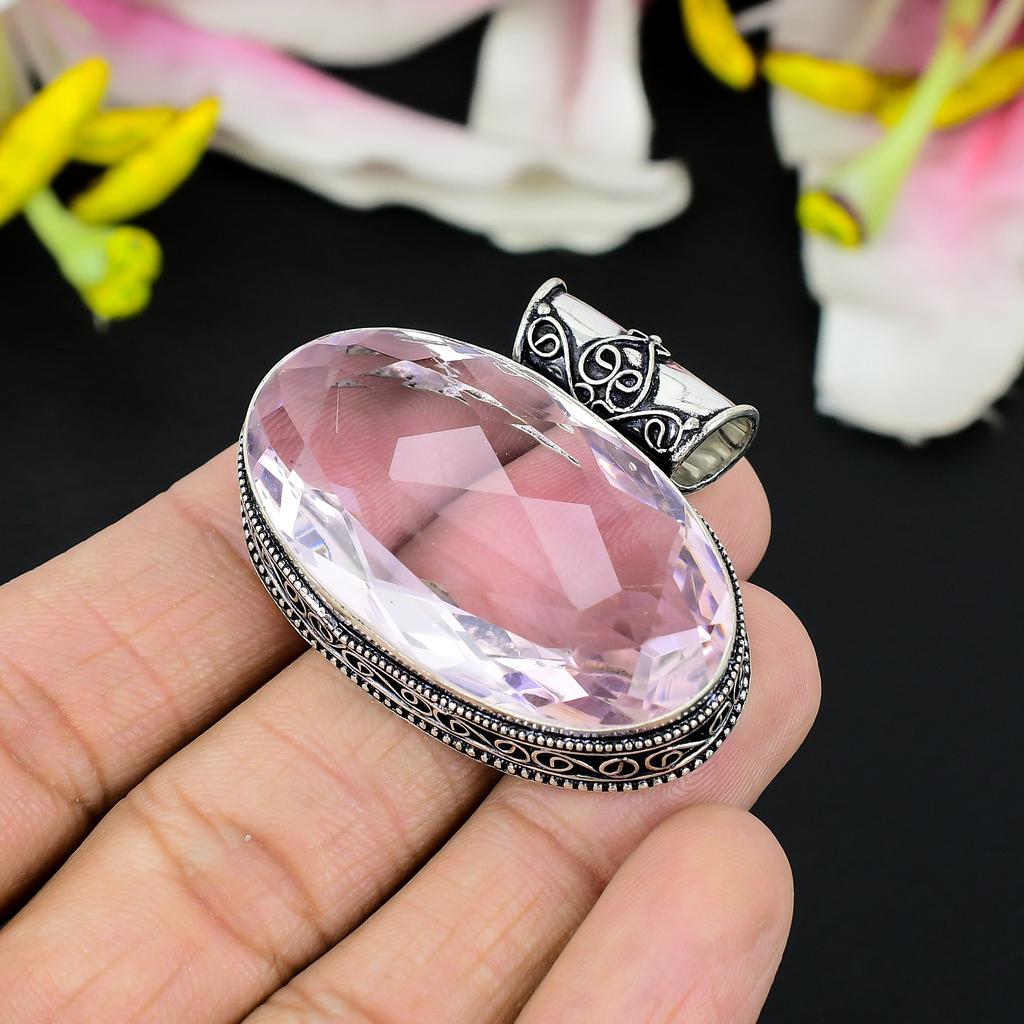 Pink Kunzite Gemstone Handmade 925 Steling Silver Jewelry Pendant 1.38" KG-323