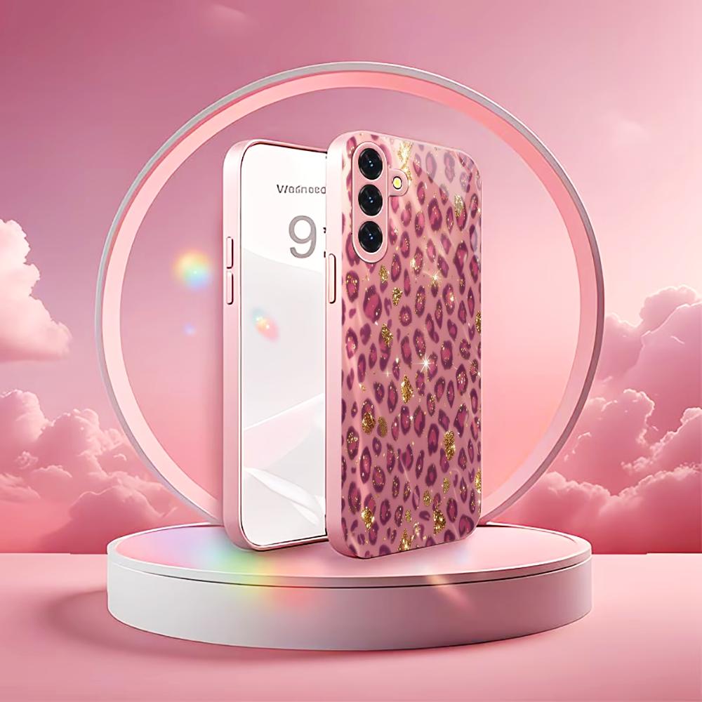 Pink leopard print PhoneCase for Samsung Galaxy S26 S25 S24 S23 S22 FE Ultra Plus Built-in glass feel bare machine Women's style