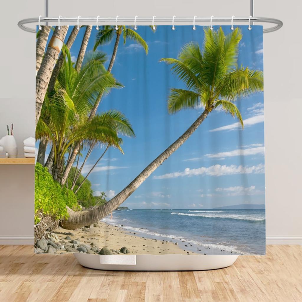Beach Vacation Shower Curtain Tropical Palm Trees Ocean Waves Starfish Sandy Shore Pattern Waterproof Polyester Bathroom Decor