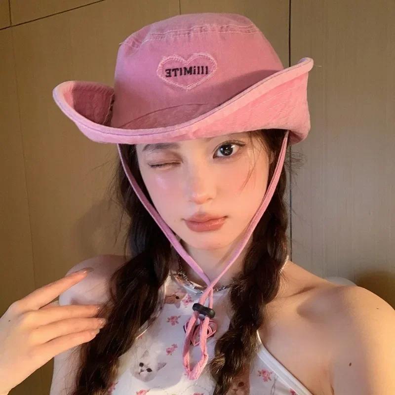Japanese Retro Washed Cowboy Bucket Hats for Women Spring Summer Outdoor Camping Sun Protection Sweet Pink Love Fisherman Caps