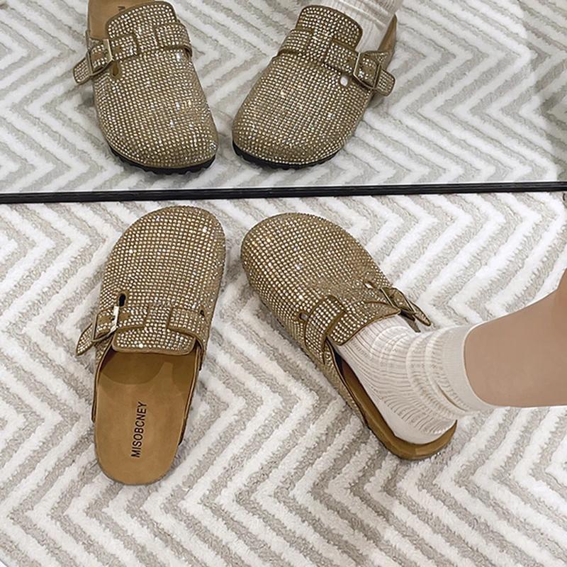 Women's Mules Flat Sole Rhinestones Cover Toe One Kick Women's Slippers Dress Retro Spring Autumn Zapatillas De Mujer