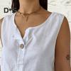 Women Vest Sleeveless Button Decoration Casual Tank Tops Solid Color Cotton Linen Lightweight Breathable Tops