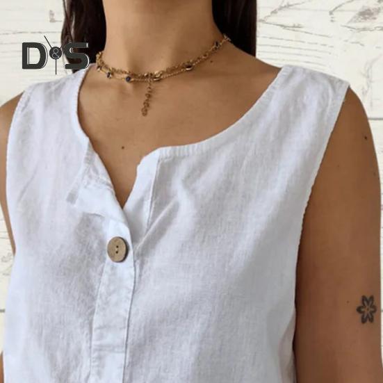 Women Vest Sleeveless Button Decoration Casual Tank Tops Solid Color Cotton Linen Lightweight Breathable Tops