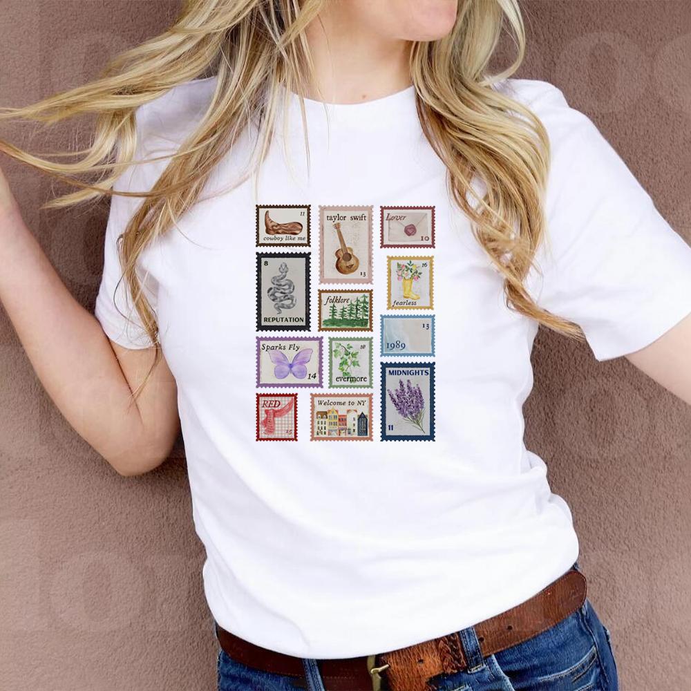 

Музыкальные альбомы Марки Топ Мода Эстетика Узор Музыкальные футболки Вдохновение Альбом Тейлора Почтовые марки Акварельные марки Мерч XXXL белый