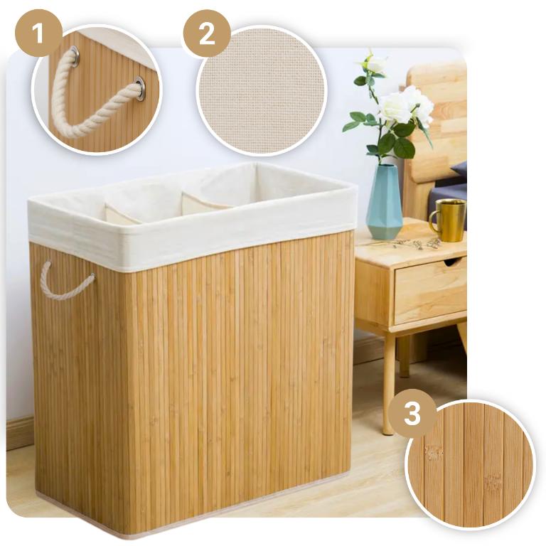 Three-compartment bamboo laundry basket, beige, 100 l
