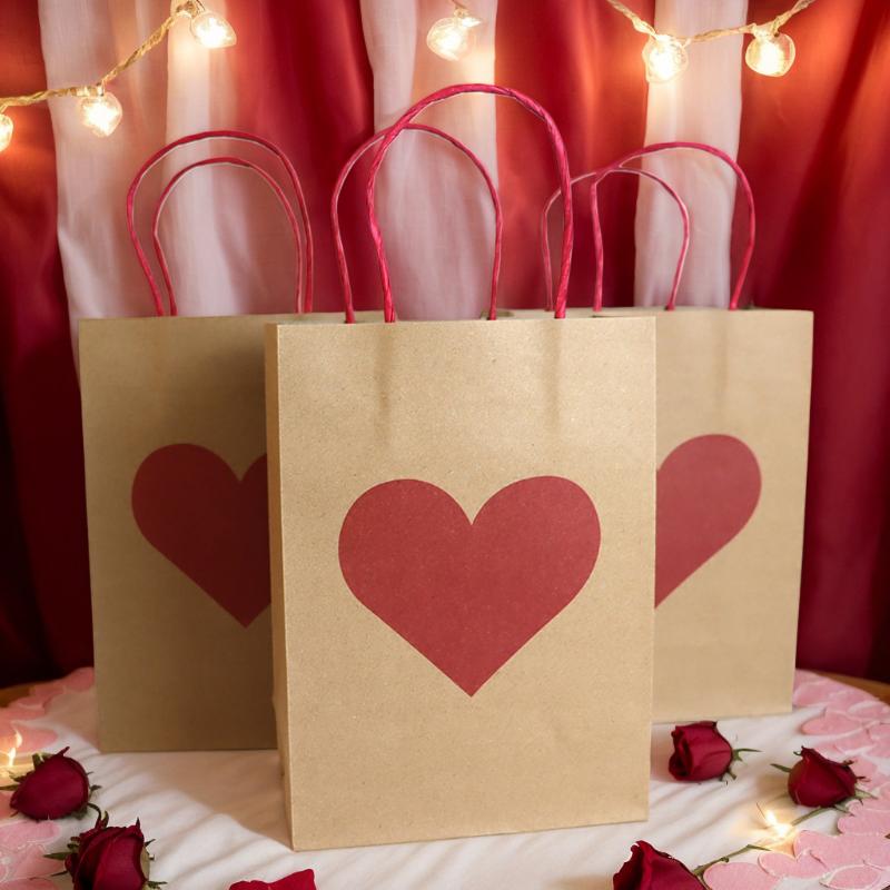 10Pcs Heart Patterns Kraft Paper Bag With Handle Valentine'S Day Gift Packaging Tote Romantic Bags Party Wedding Accessories Zyf