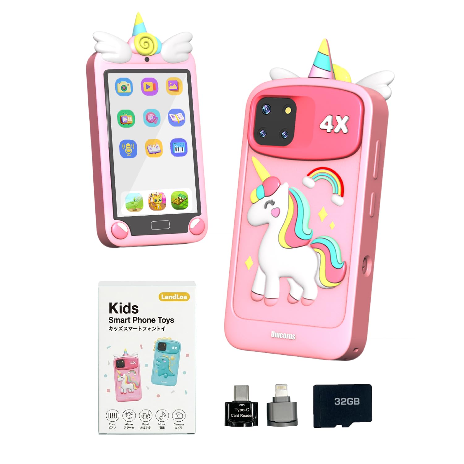 LandLoa Kids Smartphone, Japanese Company, Large Screen, Camera, Data Transfer, Selfie, Music Playback, English Learning, 32GB SD Card Included,