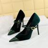 Fashion Version Party Thin High Heel Women Shoes   Velvet Shallow Mouth Pointed Toe Metal One-line Buckle Single Shoes