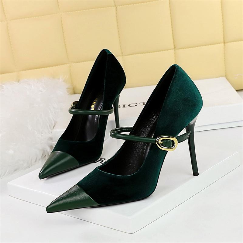 Fashion Version Party Thin High Heel Women Shoes   Velvet Shallow Mouth Pointed Toe Metal One-line Buckle Single Shoes
