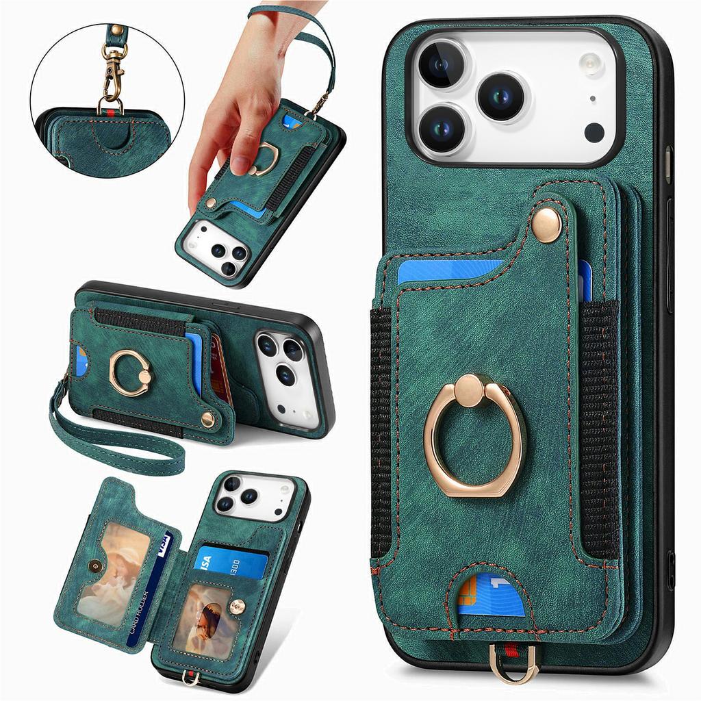For iPhone 17 Pro Retro PU Leather Case Phone Cover with RFID Blocking Card Holder   /   Ring Holder