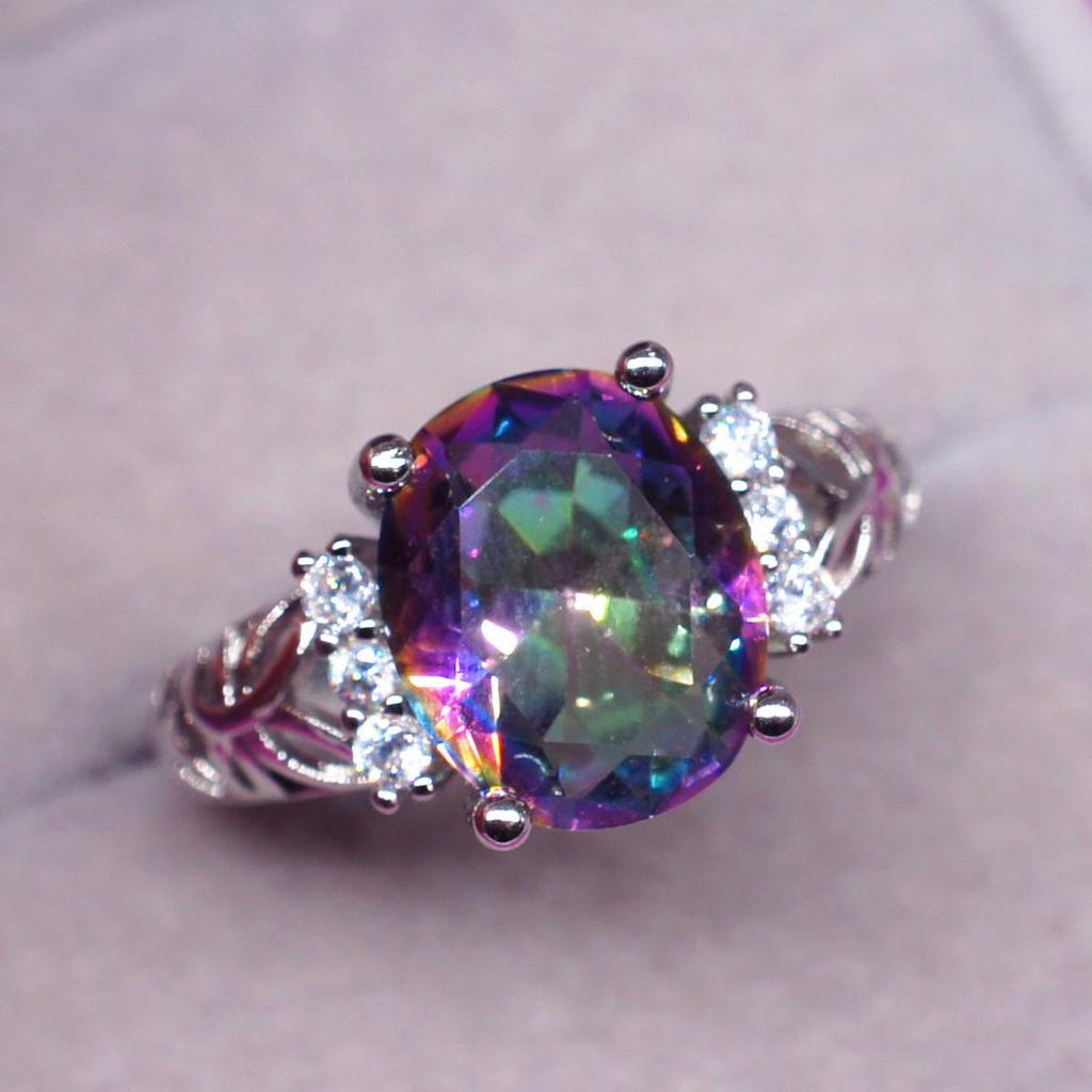 Zhenrong Rainbow Gemstone Ring: European & American Style, 7-Color Stone, 925 Silver-Plated Women's Jewelry
