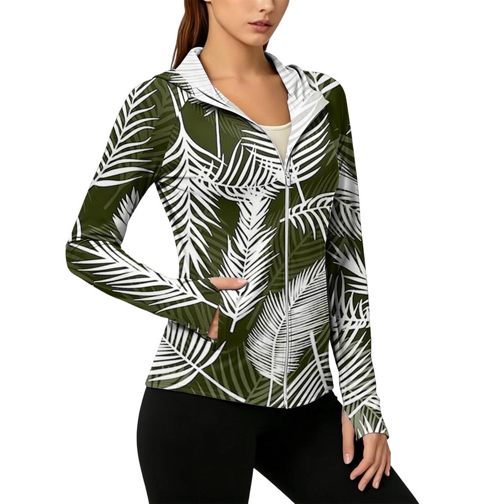 Women’s Zip Up Hooded Sun Jacket with Pockets Long Sleeve Lightweight Outerwear Tropical Print Design
