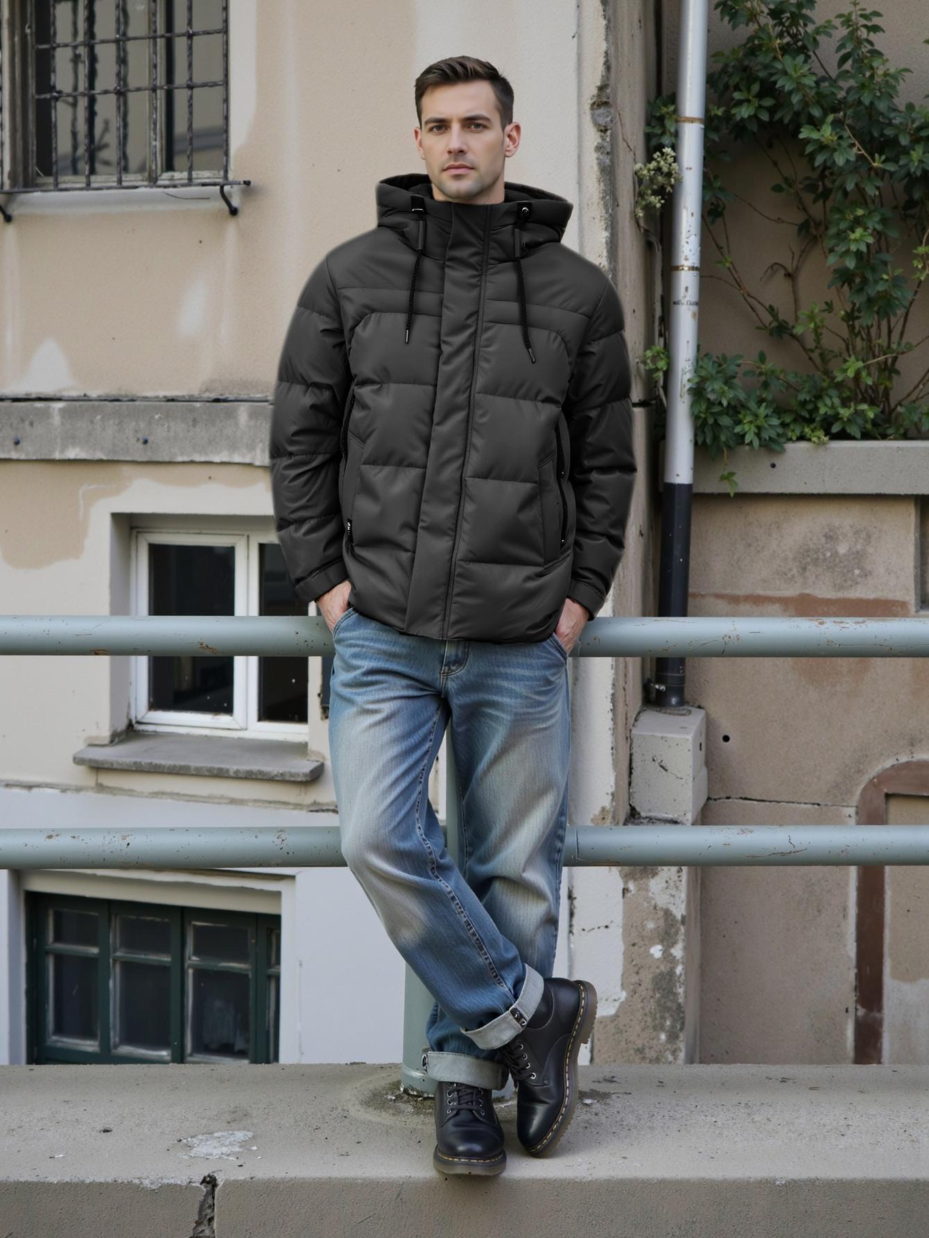 

Cinemore 2025 Winter Coat Men s Down Jacket with Pockets, Warm, Drawstring, Hooded, Short Parka Men s 8037 XL чёрный