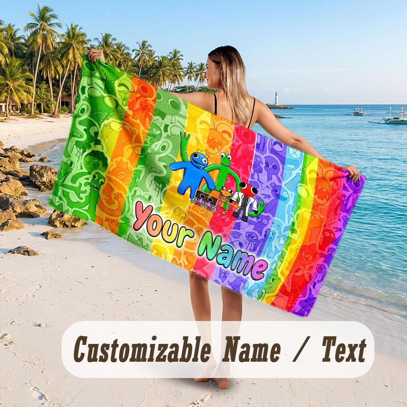 Personalized Beach Towel,Rainbow Friends Custom Printed Name Text, Super Absorbent Towel For Beach Vacation