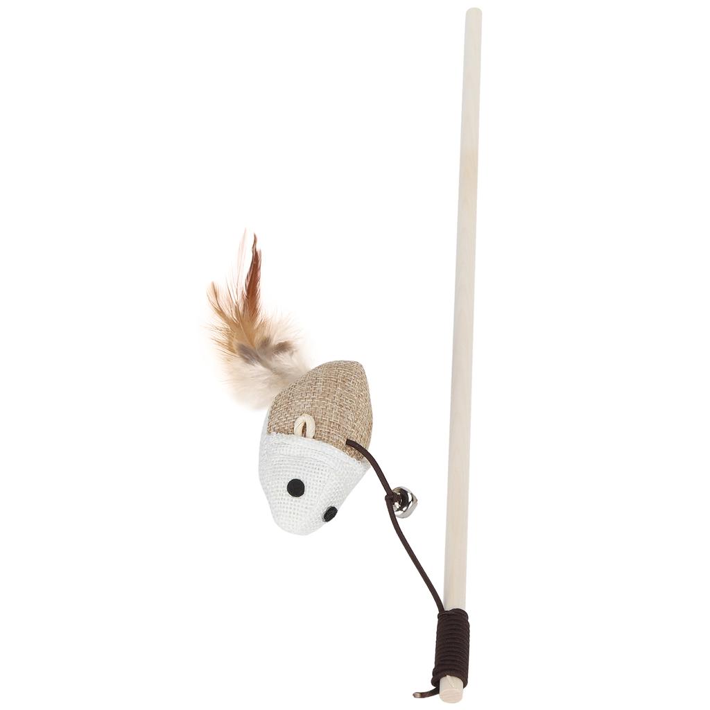 Wooden Cat Funny Stick Wand Pet Teaser Mice Toys with Crisp Bell Feather and Linen Mouse