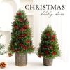 1pcs Wood PE Christmas Tree Ornament with PVC Red Berries Burlap Base Mini Holiday Scene Decor for Tabletop Desktop Ornaments