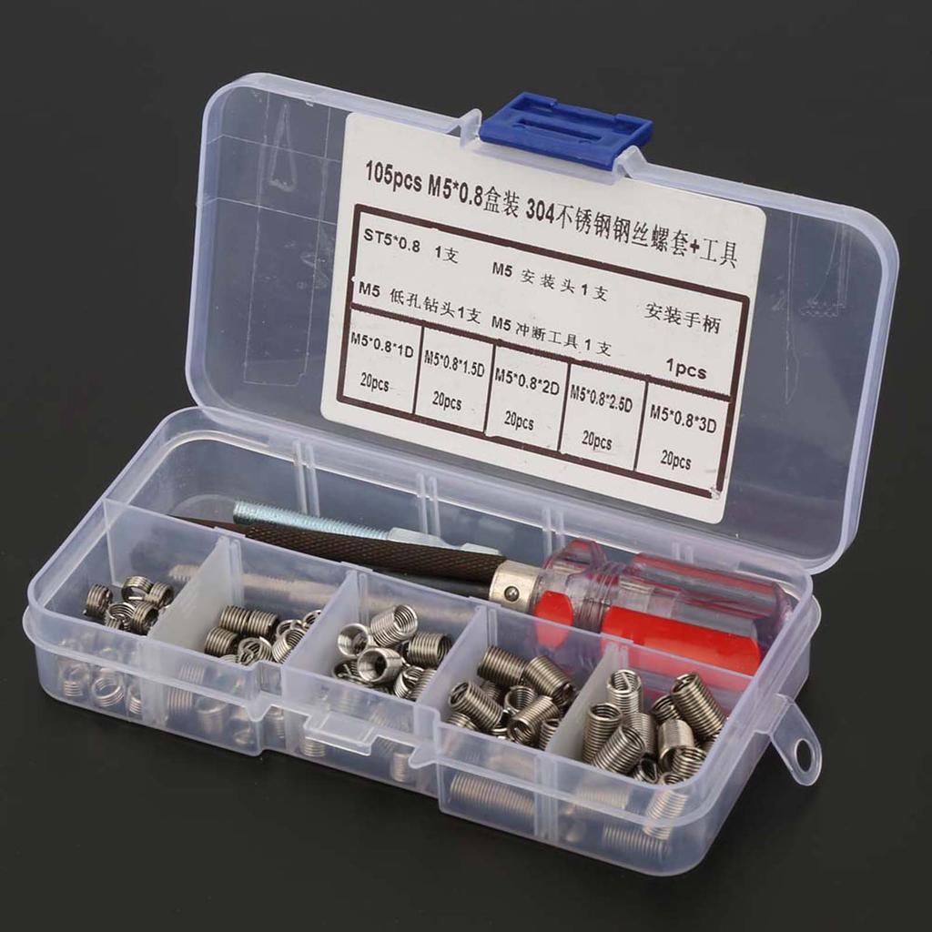 105Pcs Set Stainless Steel Wire Screw Sleeve Thread Repair Insert Kit Tool Set(M5*0.8)