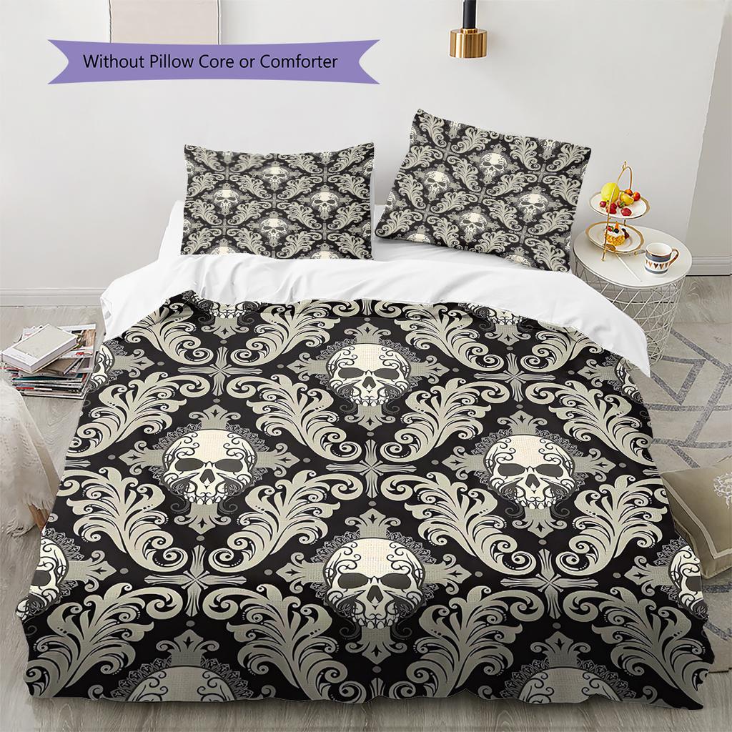 Vintage Skull Pattern Pattern Bedding Quilt Set Quilt Cover Pillowcase Home Decoration Gift (1 * Duvet Cover + 2 * Pillowcase, Without Core)