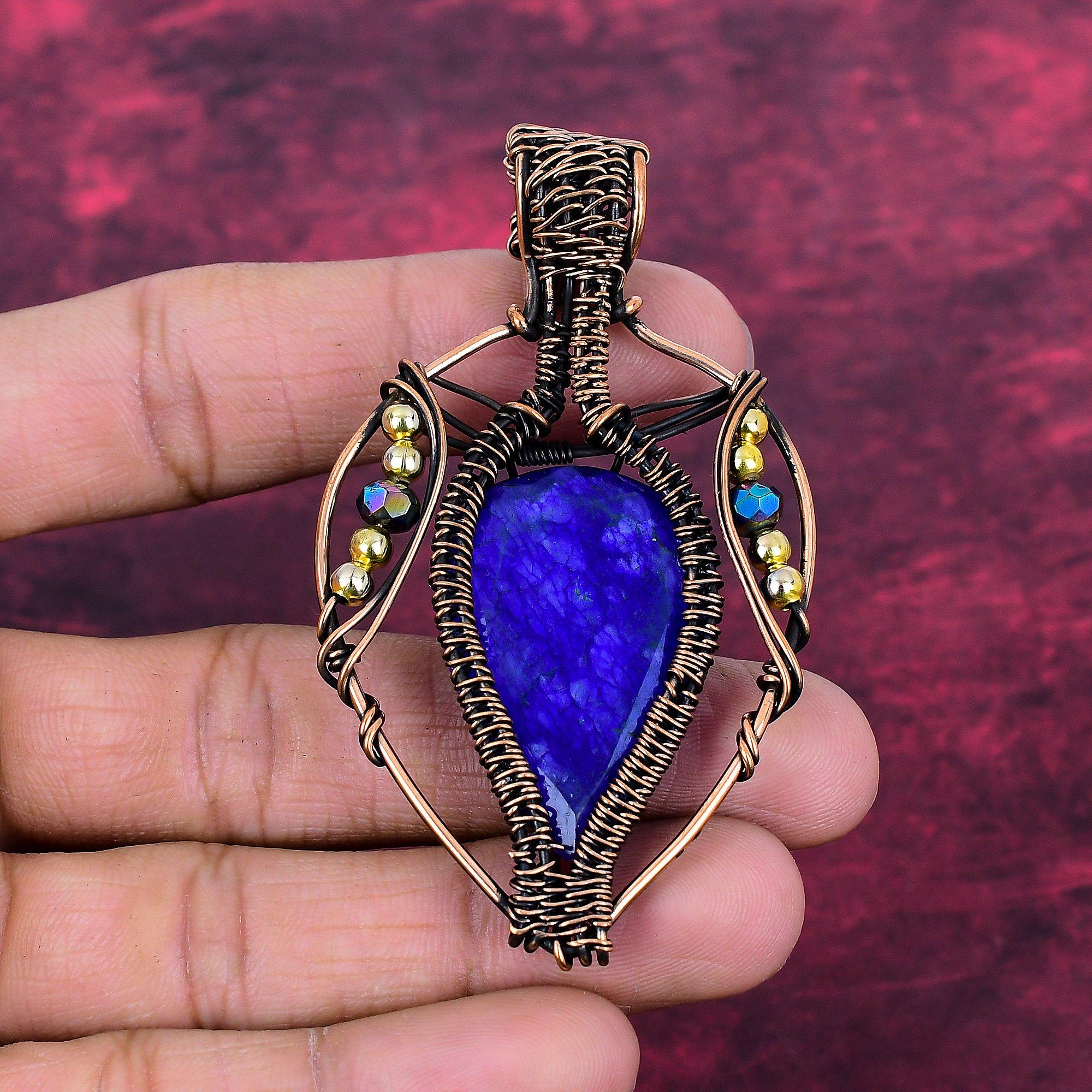 Faceted Blue Sapphire Pendant Real Gemstone Jewelry Copper Wire Wrapped Pendant