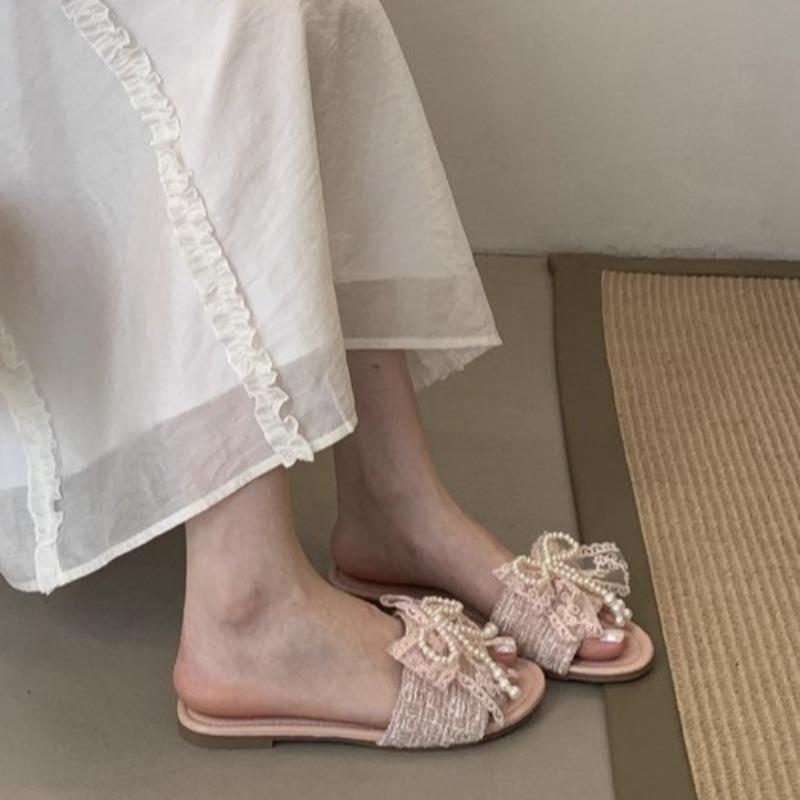 

Fashion Flat Flip-Flops Women s Summer New Round Toe Open Toe Cloth Face Lace Cloth Face Beaded Bow Soft Sole Non-Slip Sandals 40 розовый