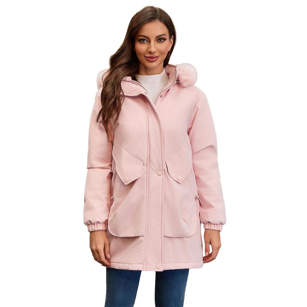 Parka lungă de iarnă pentru femei, în stil european și american, cu căptușeală din lână polară și guler mare de blană