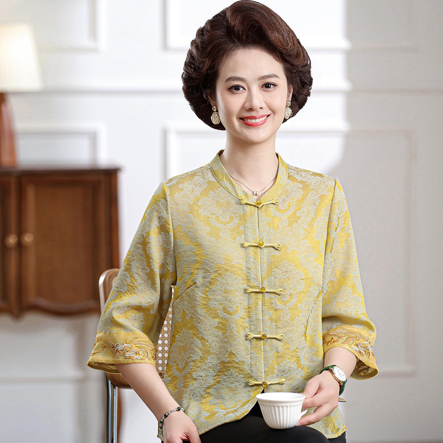 

Elegant Chinese Style Mid-Sleeve T-Shirt for Middle-Aged and Elderly Women - Perfect for Spring and Summer 5XL (recommended 150-165 jin) жовтий