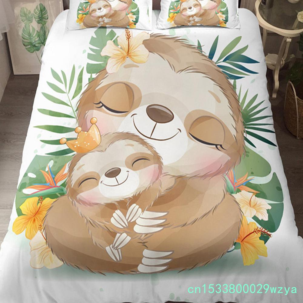 Liebliches Faultier Bettbezug-Set Cartoon Tier Bettwäsche-Set für Mädchen Jungen Teenager Wohnheim Schlafzimmer Dekor Mikrofaser King Bettdeckenbezug