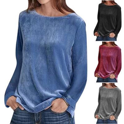Damska modna, jednokolorowa, okrągła, z długim rękawem, bluzka typu T-shirt, swobodny top