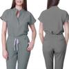 Women's Nurse Jumpsuit Stand Collar Short Sleeve Multi-Color Drawstring Waist Multi-Pocket Medical Uniform Healthcare Workwear