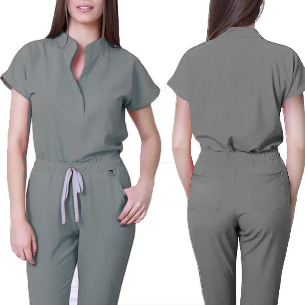 Damen Krankenschwester Overall Stehkragen Kurzarm Mehrfarbig Kordelzug Taille Mehrere Taschen Medizinischer Overall Gesundheitswesen Arbeitskleidung