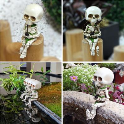 Halloween Gothic Resin Skeleton Fishing Statue For Outdoor Garden Pond Fountain Waterfall Poolside Decoration Novelty Gifts