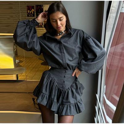 Spring New Women's Two Pieces Set Grid Pattern Long Sleeve Button Shirts High Waist Lotus Leaf Edge Mini Skirt Lady Outfits