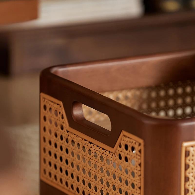Luxury Rattan Storage Basket Rectangular Organizer Bin with Handles for Home Cosmetics Kitchen Accessories Desk Storage