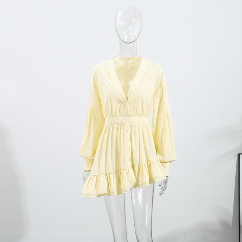 

Повседневное платье-мини рубашка женское свободное с V-образным вырезом и пуговицами, платья женские с длинным рукавом, весна-лето, выше колена, однотонное, халат, женская уличная одежда L жёлтый
