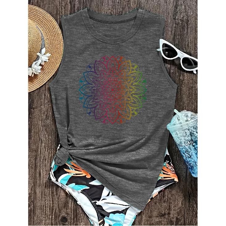 Elegant Vest for Women Gradient Rainbow Mandala Pattern Printed Casual Loose Summer Vest Fashionable Bohemian-style Tops for Commuting, Vacation, and