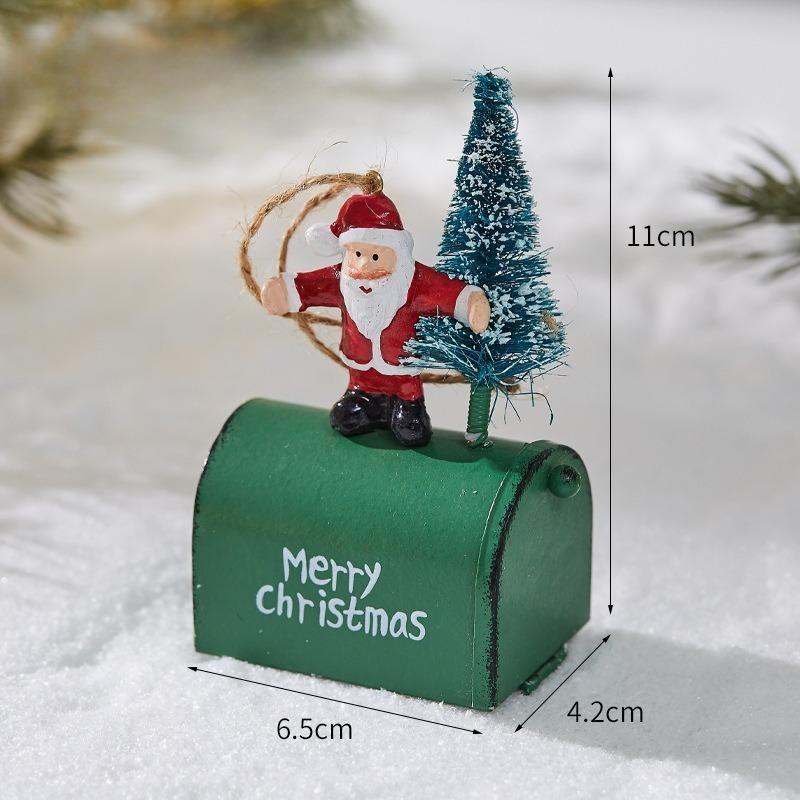 Vintage Iron Metal Christmas Tree Hanging Ornament with Santa Claus Snowman and Reindeer Mailbox Design Festive Holiday Decor